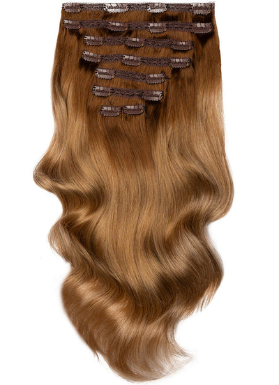 Extensions de cheveux à clip de 16 pouces, volume complet, ombré du brun moyen au blond doré