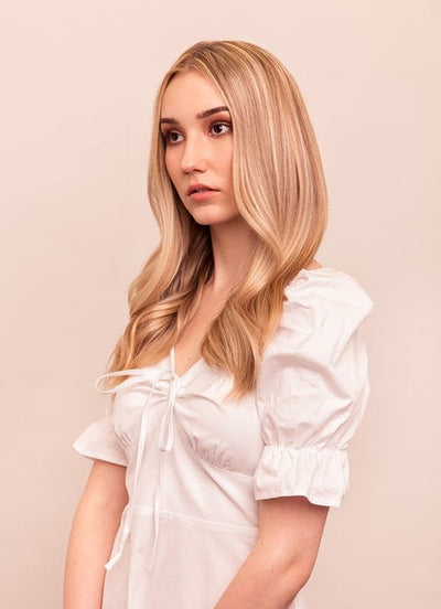 Extensions de cheveux à clip deluxe 16 pouces Marron clair avec mèches blond clair