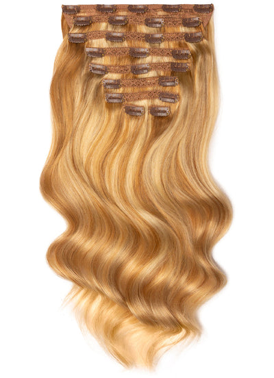 Extensions de cheveux à clip deluxe 20 pouces Marron clair avec mèches blond clair