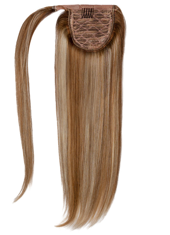 Extension de queue de cheval à clip de 22 pouces, brun et blond (bronde) balayage #F4A-4A8A613