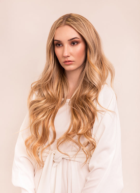 24palcové deluxe clip-in prodlužování vlasů světle hnědá se světlými blond melíry