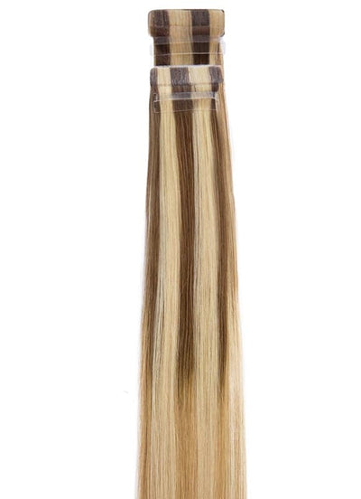 50 cm Remy Tape Extensions Mittel Aschbraun bis Goldene & Helle Blonde Highlights Balayage