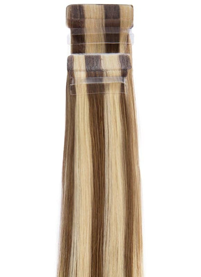 50 cm Remy Tape Extensions Mittel Aschbraun bis Goldene & Helle Blonde Highlights Balayage
